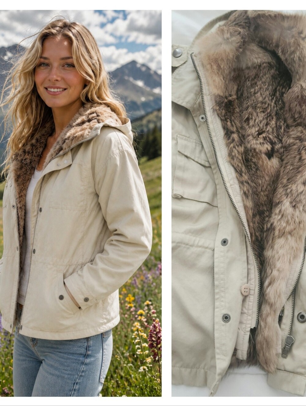VNT Y2K La Rok Rabbit Fur Lined Beige Utility Jacket | Large